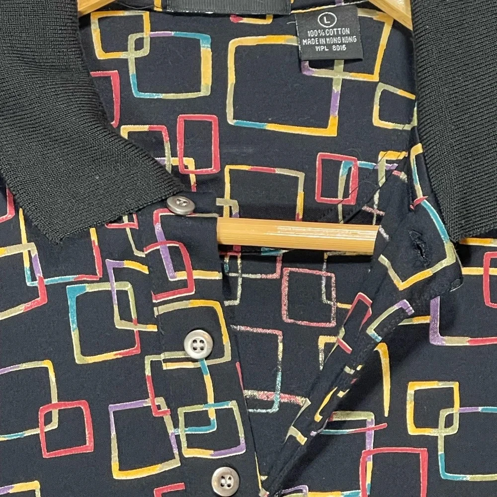 Old Skool Black Polo Shirt with Geometric Design - Picture 2 of 7